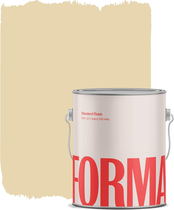 A paint can with the word FORMA partially visible is placed in front of a wall painted a light beige color, showcasing an Amazon paint brand’s satin finish paint as a sample of the shade.