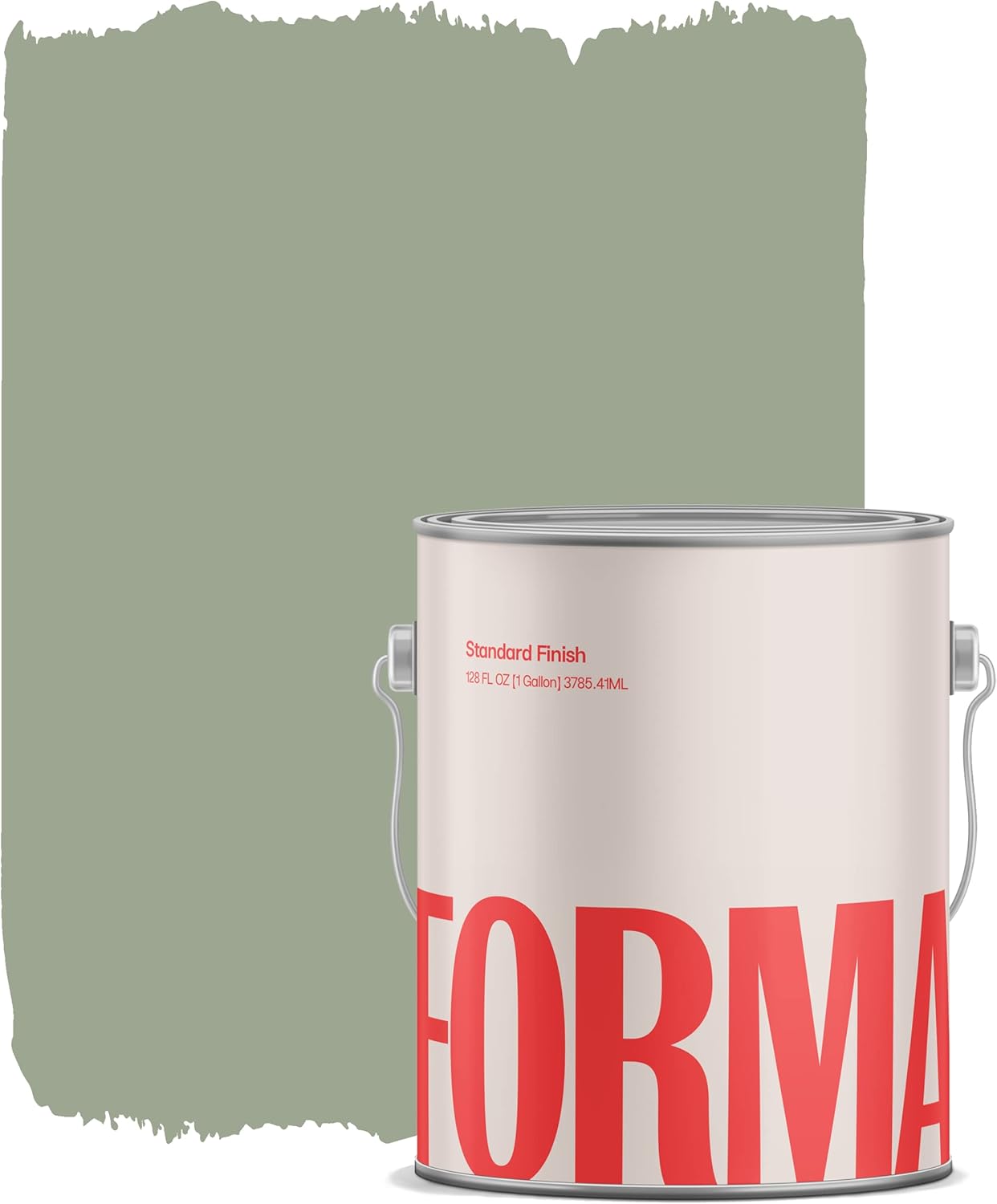 A can of paint labeled 'FORMA' in bold red letters, placed in front of a textured green paint swatch. The can displays a standard finish and holds one gallon of paint.