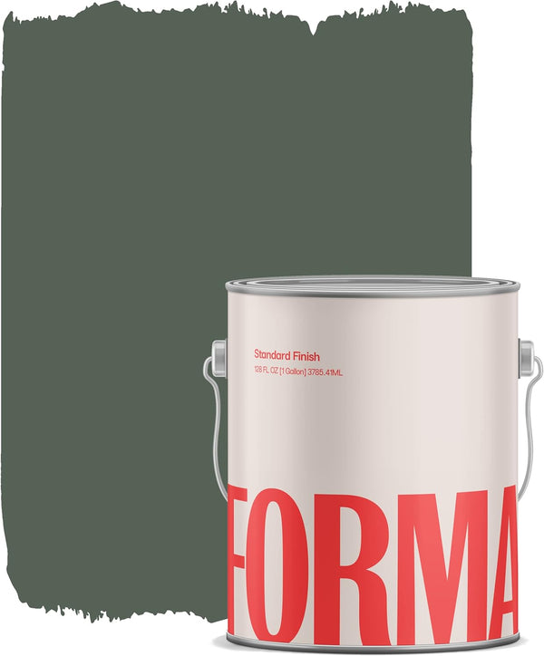 A paint can with FORMA in large red letters sits in front of a painted swatch of dark, muted green on a white background, showcasing a premium interior paint perfect for any DIY home project.