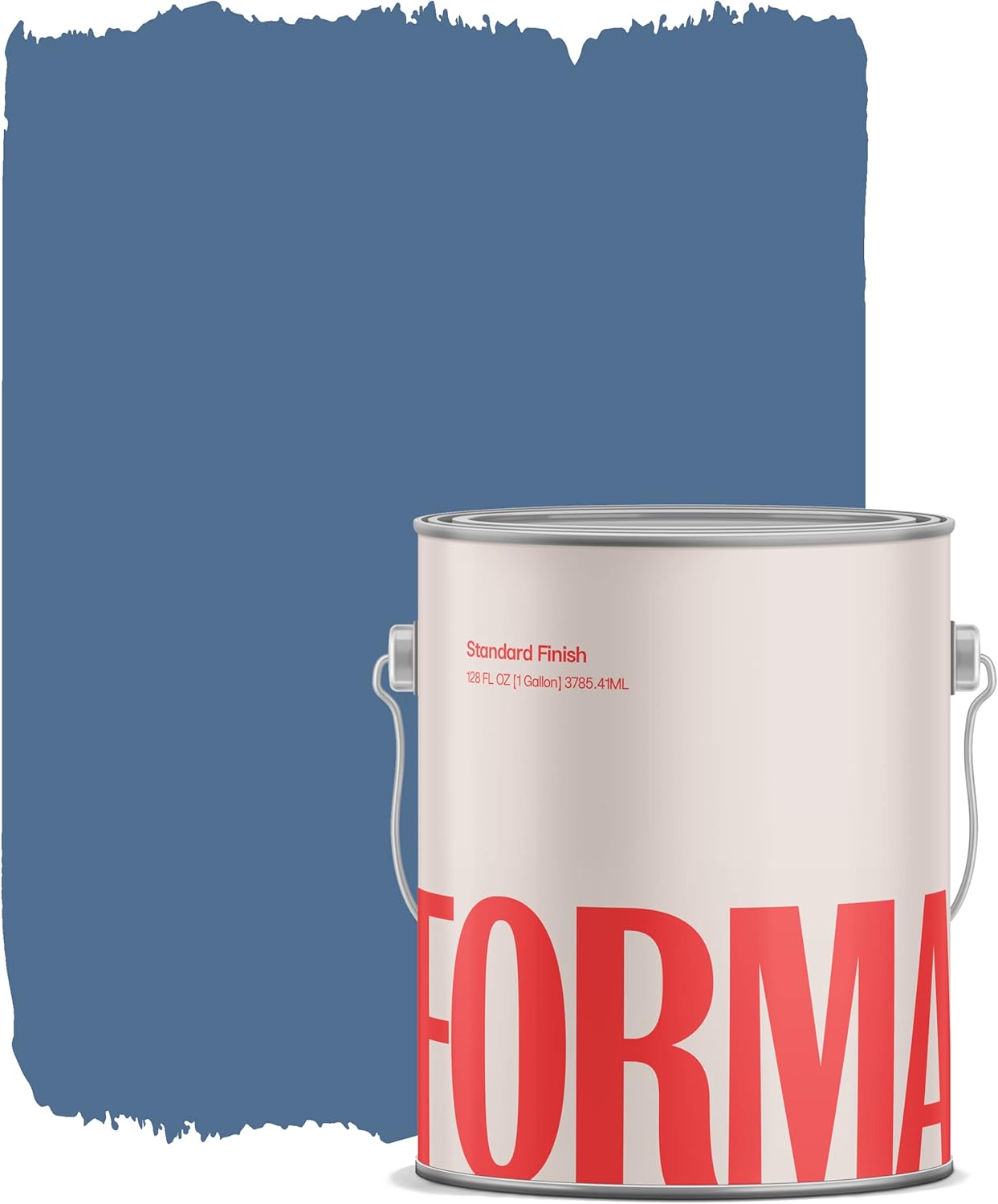 A large paint can with bold red letters sits in front of a painted swatch of medium blue color, showcasing thick satin finish paint on a white background.