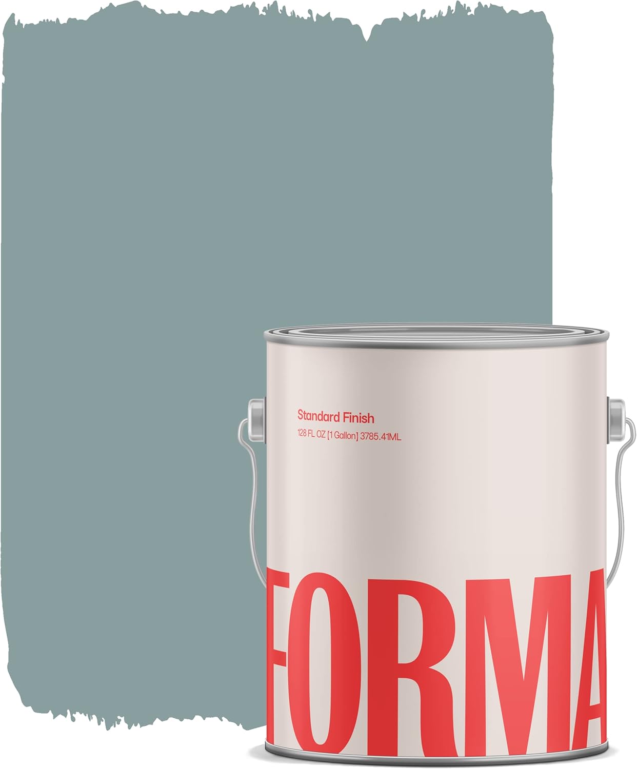 A large paint can from a premium interior paint line with bold red letters sits in front of a rectangular patch of blue-gray paint brushed on a white background.