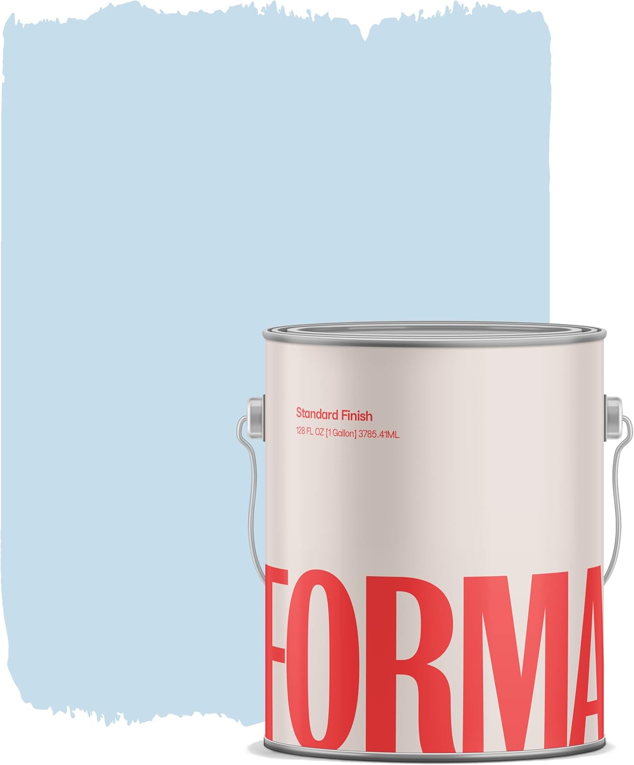 A large paint can labeled FORMA stands in front of a blue painted rectangle with rough, unfinished edges on a white background, showcasing bold colors and premium paint.