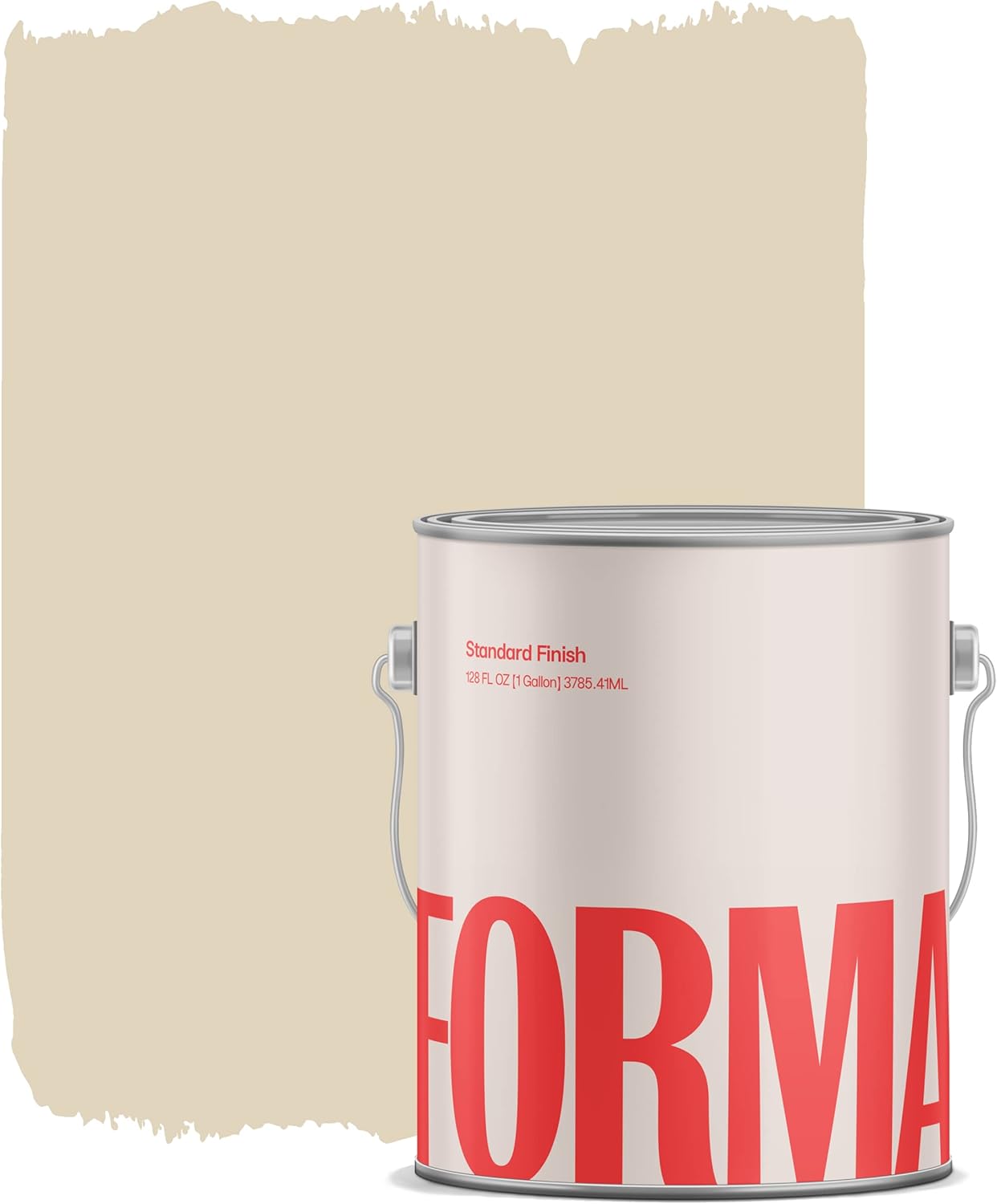 A paint can labeled FORMA, featuring a clean, minimalist design and metal handle, sits before a beige rectangle on a white background. This is the best DIY home paint—paint and primer in one for easy, flawless results.