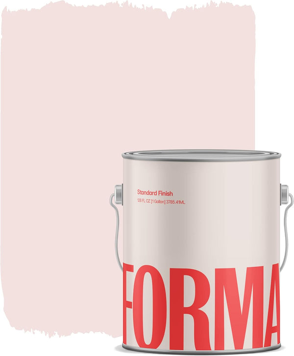 A large paint can with “FORMA” in bold red letters is in front of a painted light pink square background with uneven edges, showcasing a paint and primer in one for effortless coverage.