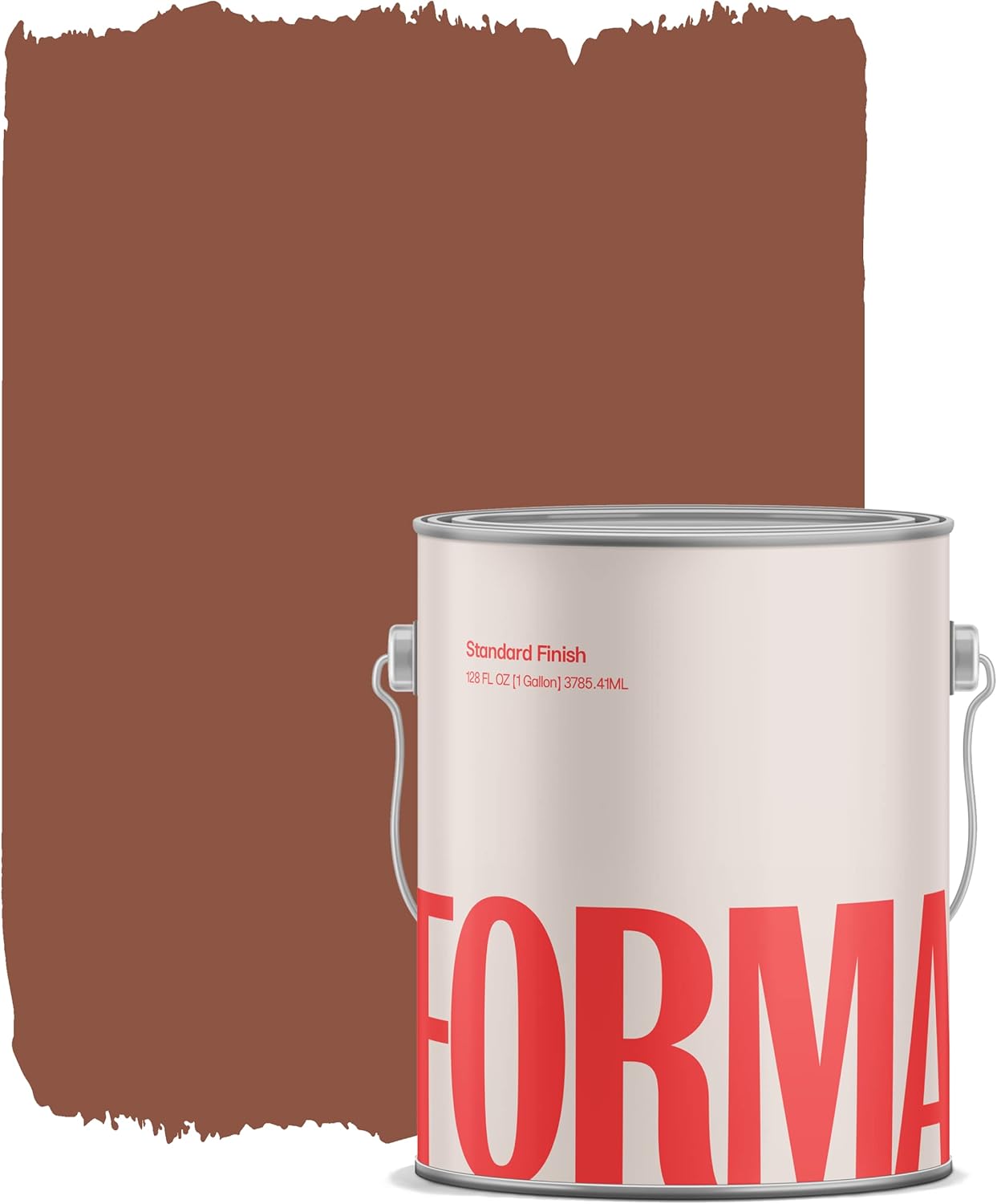 A paint can labeled FORMA, a premium interior paint, sits in front of a painted swatch of brown with rough edges. The can is white with bold red text and a metal handle—a quality Amazon paint brand offering paint and primer in one.