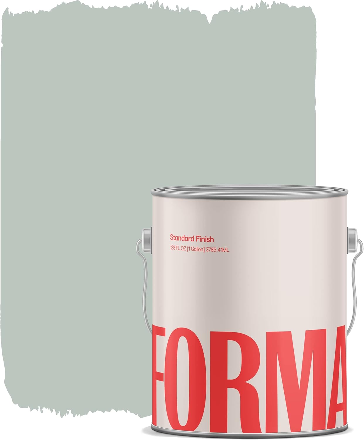 A paint can labeled FORMA stands in front of a large swatch of sage green paint brushed on a white background, showcasing its smooth coverage.