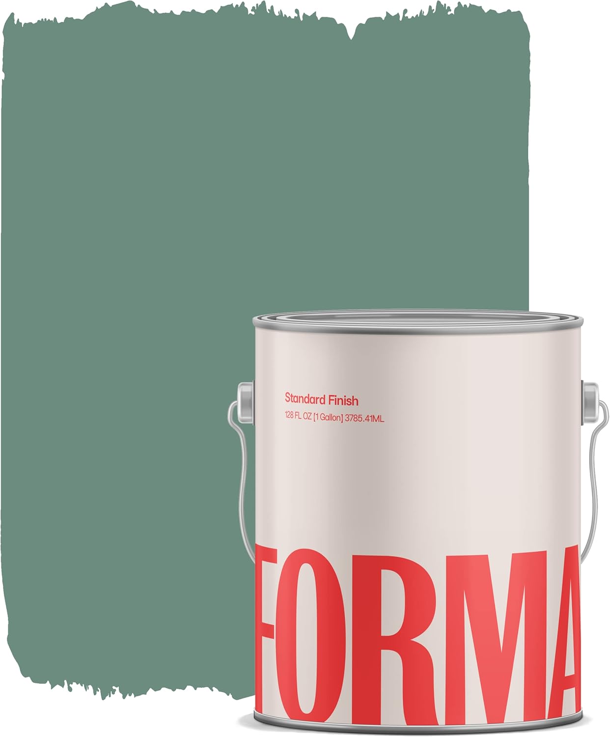 A large paint can from a popular Amazon paint brand with bold red letters sits in front of a swatch of greenish-gray satin finish paint brushed on a white background.
