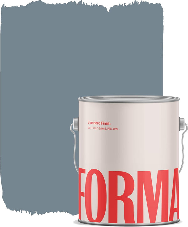 A paint can with large red letters sits in front of a swatch of medium blue-gray satin finish paint brushed on a white background.