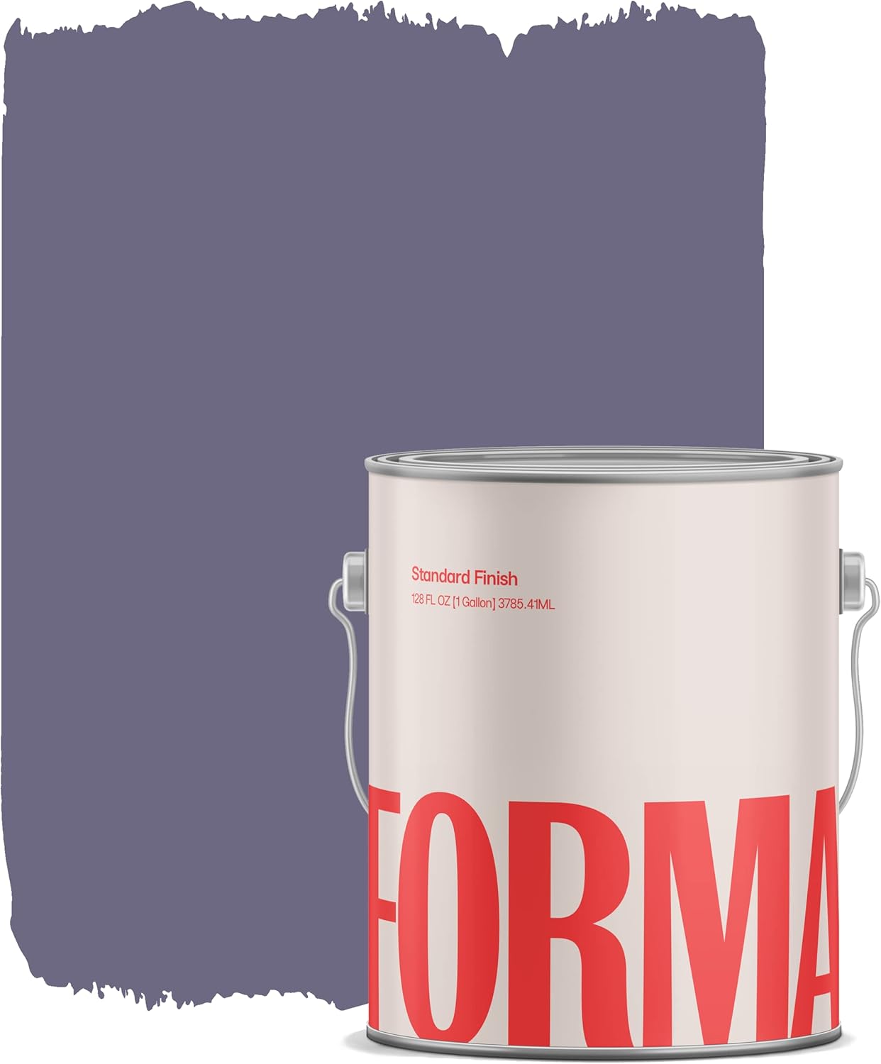A can of FORMA premium paint sits in front of a painted wall section in a muted purple shade. The satin finish highlights the uneven spread and visible brushstroke edges, adding character to the look.