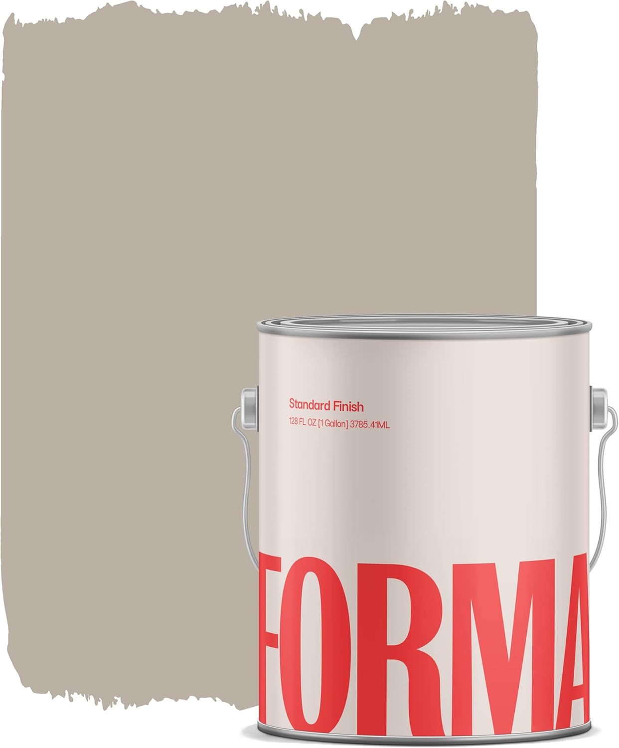 A paint can labeled FORMA with a swatch of taupe or light brown paint brushed on the wall behind it, showcasing its thick satin finish paint for smooth coverage.