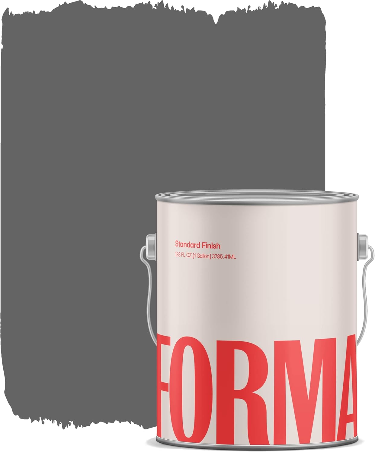 A paint can labeled FORMA, known as the best DIY home paint, sits in front of a large patch of dark gray paint brushed onto a white background.