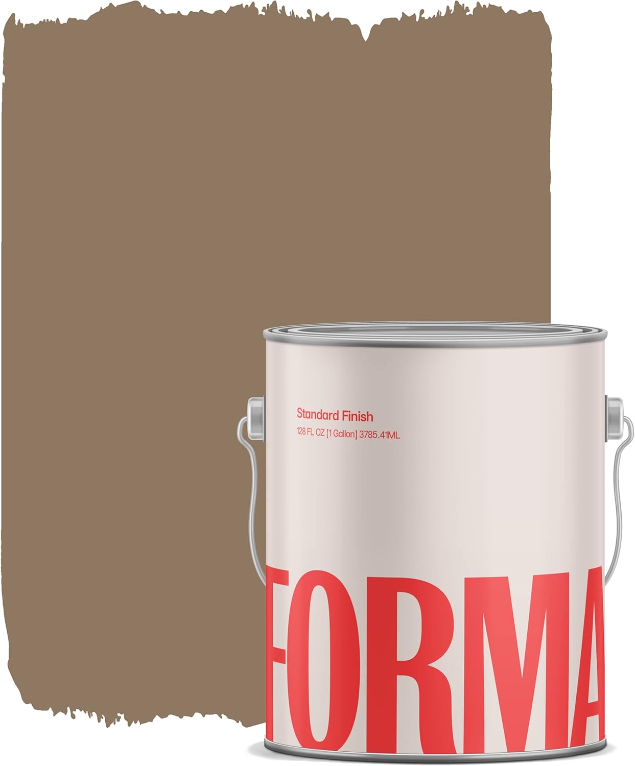 A large paint can with FORMA in bold red letters sits in front of a swatch of medium brown satin finish paint brushed on a white background.