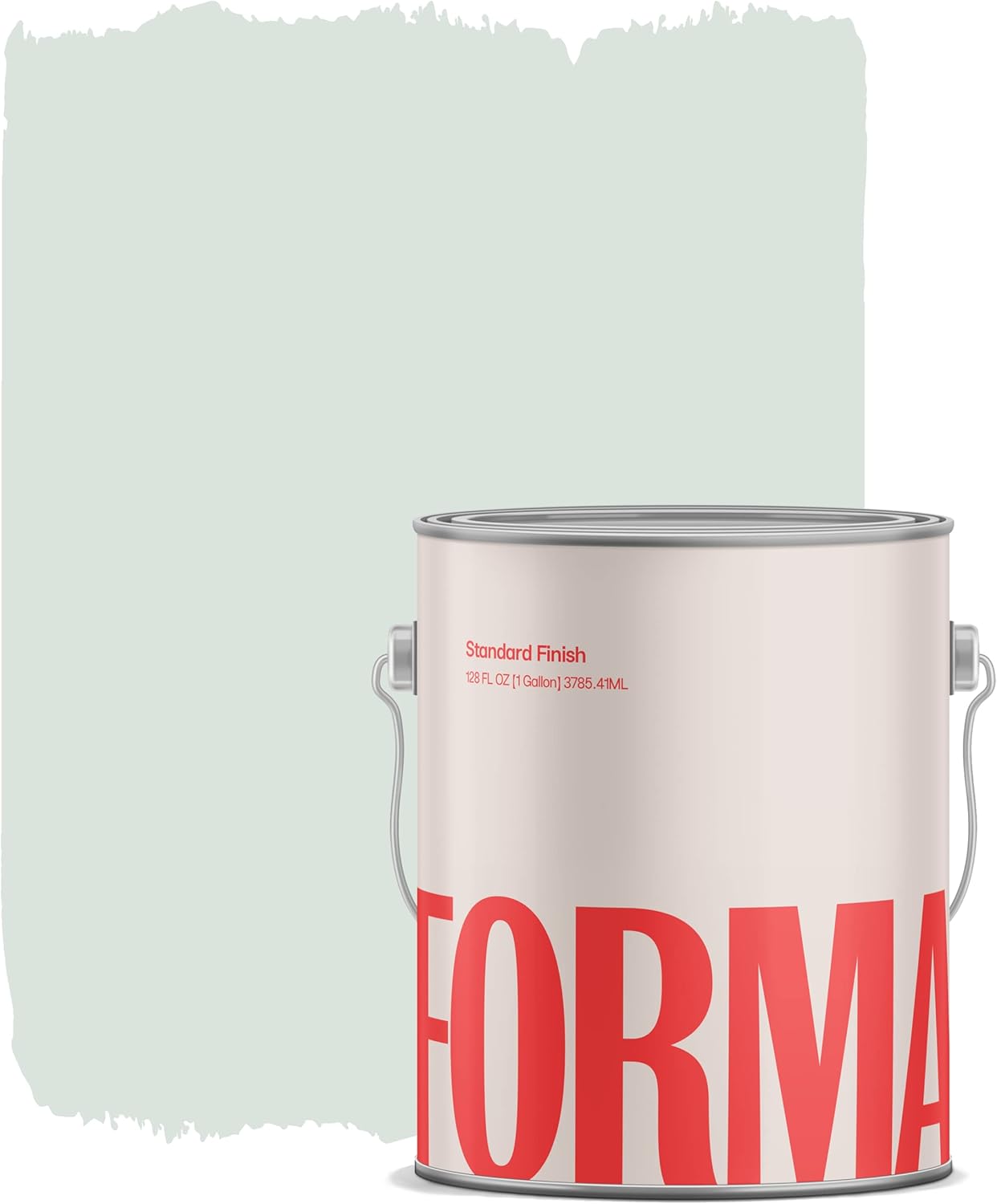 A paint can featuring a bold red label that reads "FORMA" against a backdrop of soft green paint swatches. The can is metal with a standard finish, showcasing the paint's aesthetic appeal.