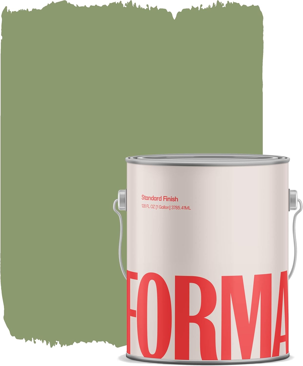A large paint can with FORMA in red text on the label is placed before a swatch of bold sage green, showcasing premium paint brushed across a white background.