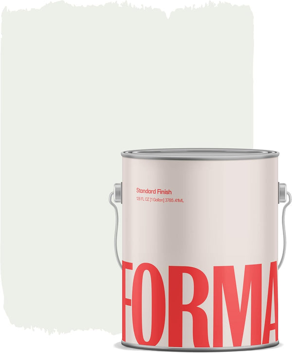 A paint can with FORMA in large red letters sits before a pale green square swatch, showcasing the Amazon paint brands color inside. This paint and primer in one offers smooth, vibrant coverage for your space.