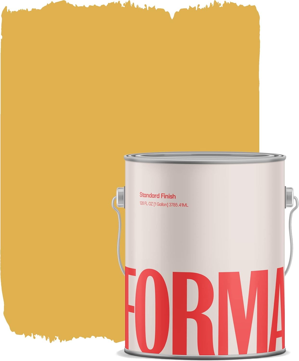 A beige paint can labeled FORMA in large red letters sits in front of a painted mustard yellow square with rough edges on a white background, showcasing satin finish paint for pro-level results.