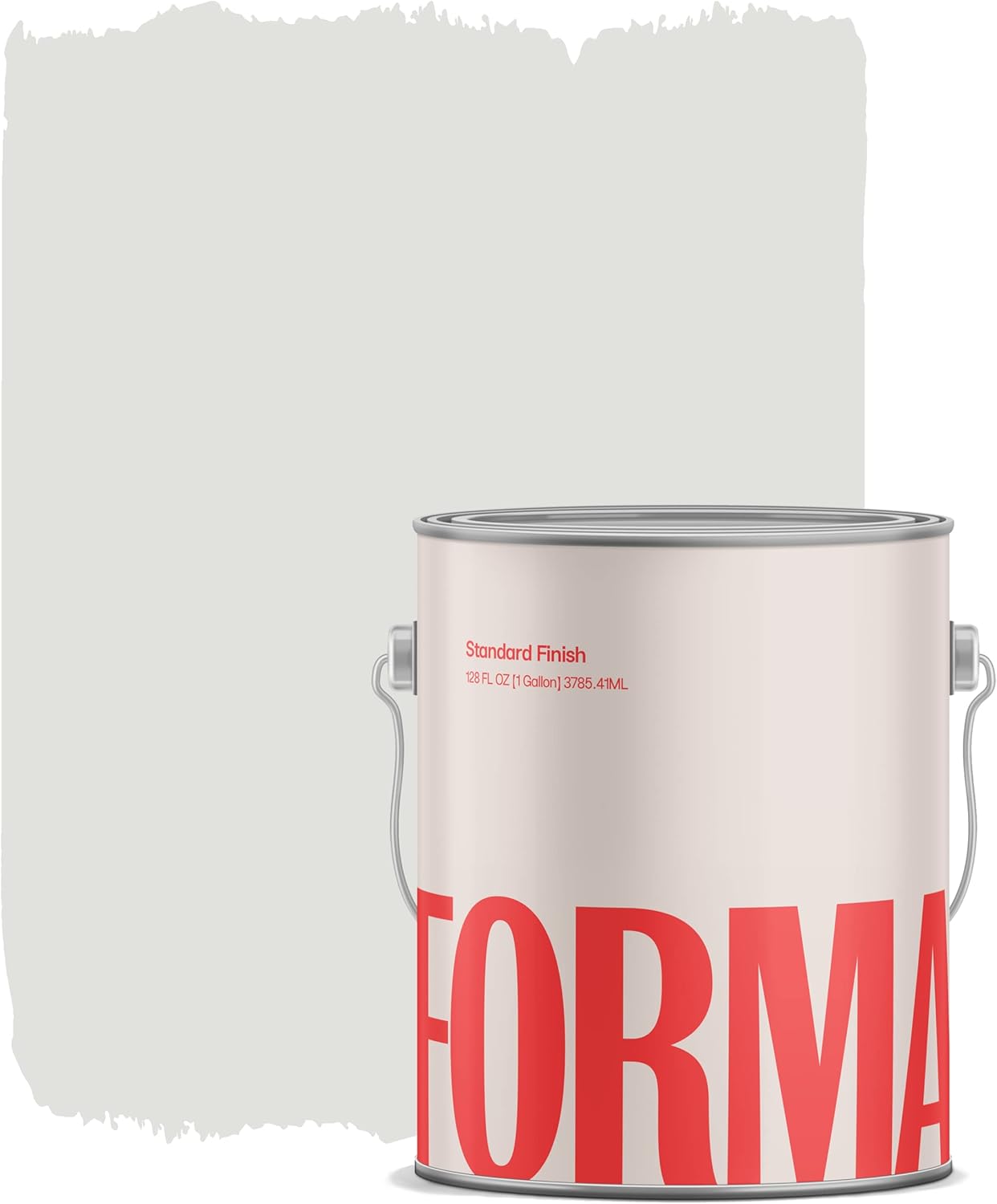 A paint can labeled 'FORMA' in bold red letters, sitting in front of a swatch of light gray wall paint. The can design features a minimalist aesthetic, emphasizing the brand name.