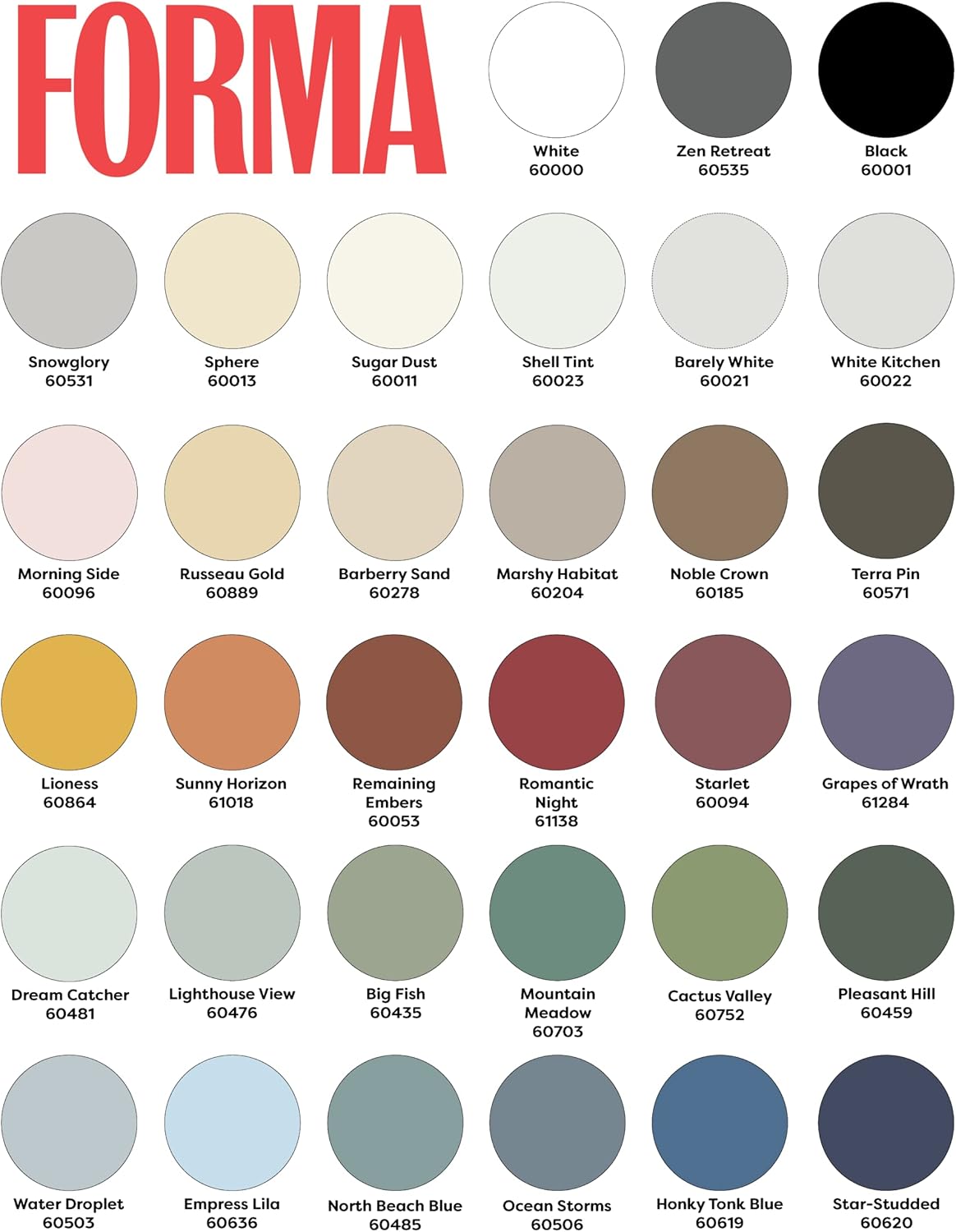 A color chart labeled FORMA displays 25 premium interior paint swatches in white, beige, brown, green, blue, and gray tones—each with its name and code—arranged in a five-by-five grid.