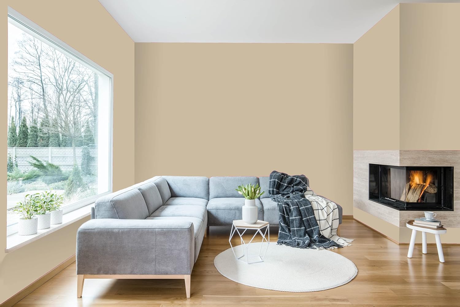 A modern living room with bold colors, a large gray sectional sofa, round white rug, small white table with plants, plaid blanket, fireplace in the corner, and a large window letting in natural light enhanced by premium paint on the walls.