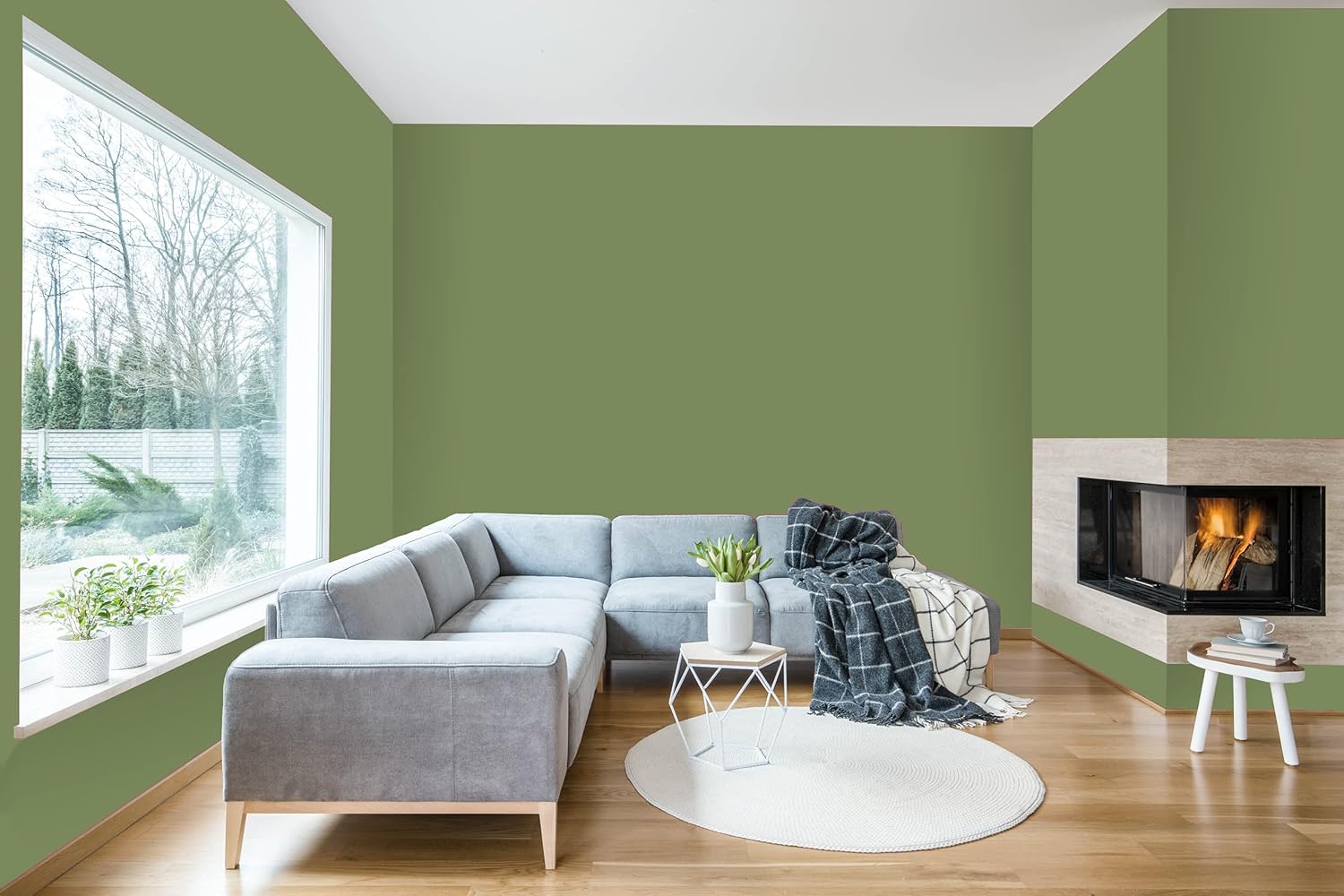 A cozy living room featuring a gray sectional sofa, a white round rug, and a modern fireplace. Large windows let in natural light, illuminating the space with olive green walls and minimalist decor including a side table with a potted plant.