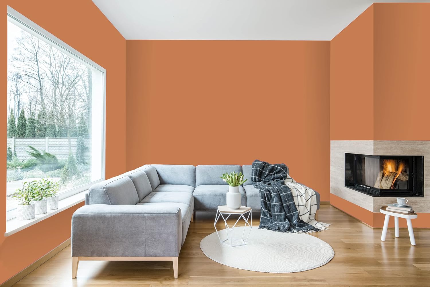 A modern living room with orange Amazon paint brand walls in satin finish, a large window, gray sectional sofa, round white rug, geometric side table, potted plants, and a corner fireplace with a fire burning.