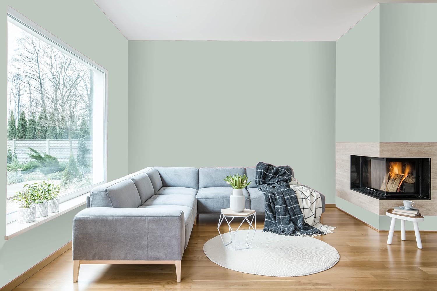 A modern living room with light green premium paint walls, a large grey sectional sofa, a small round white coffee table, a potted plant, beige circular rug, and a corner fireplace with a fire burning. Large window shows outdoor trees.