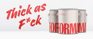 Three large paint cans with bold red lettering are shown next to the phrase Thick as F*ck painted in red, highlighting this best DIY home paint that takes one coat. The background is white and minimalistic.