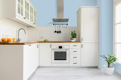 Modern kitchen with white cabinets, wood countertops, built-in oven, range hood, and sink. Light blue walls feature premium paint; a potted plant and bowl of oranges rest on the counter, with another plant near the glass door.