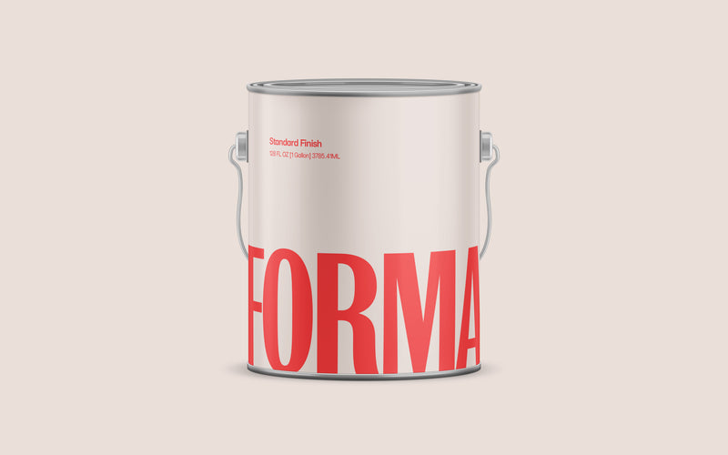 A white paint can with a silver lid and handle. Bold red letters, partially visible, spell out FORMA across the lower half. Smaller text near the top reads Premium interior paint Standard Finish. The background is light beige.